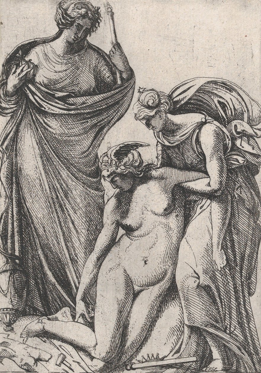 Studie zur Unterstützung der ohnmächtigen Personifikation der Skulptur, stehend daneben, Fran..., 1607-61 von Pierre Biard