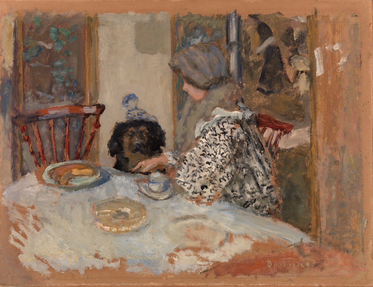 Frau mit Hund, oder Frau und Hund am Tisch von Pierre Bonnard
