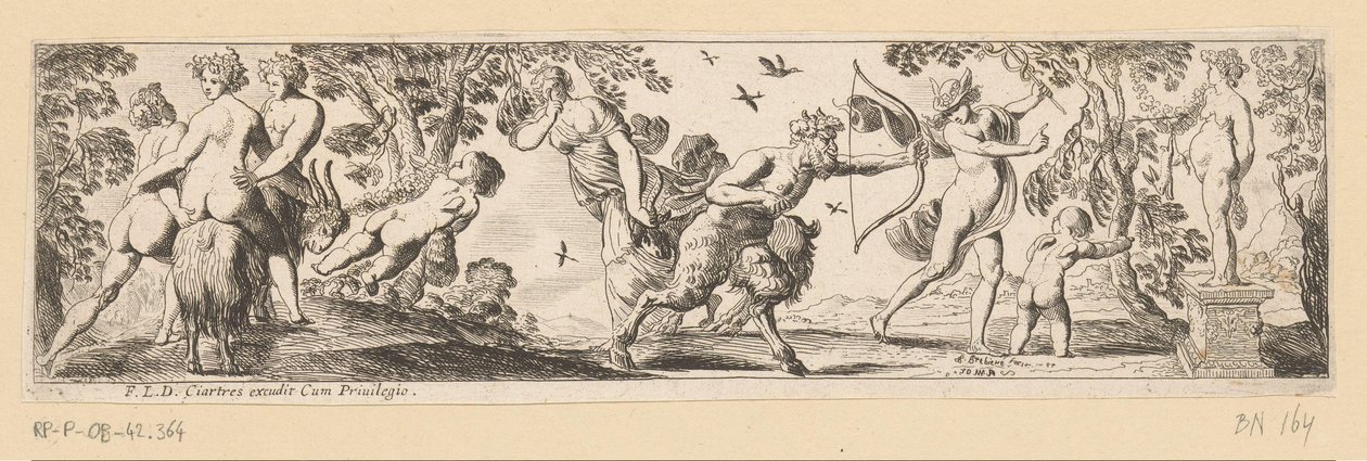 Satyr schießt einen Pfeil auf eine Statue von Bacchus, während Merkur zusieht von Pierre Brebiette