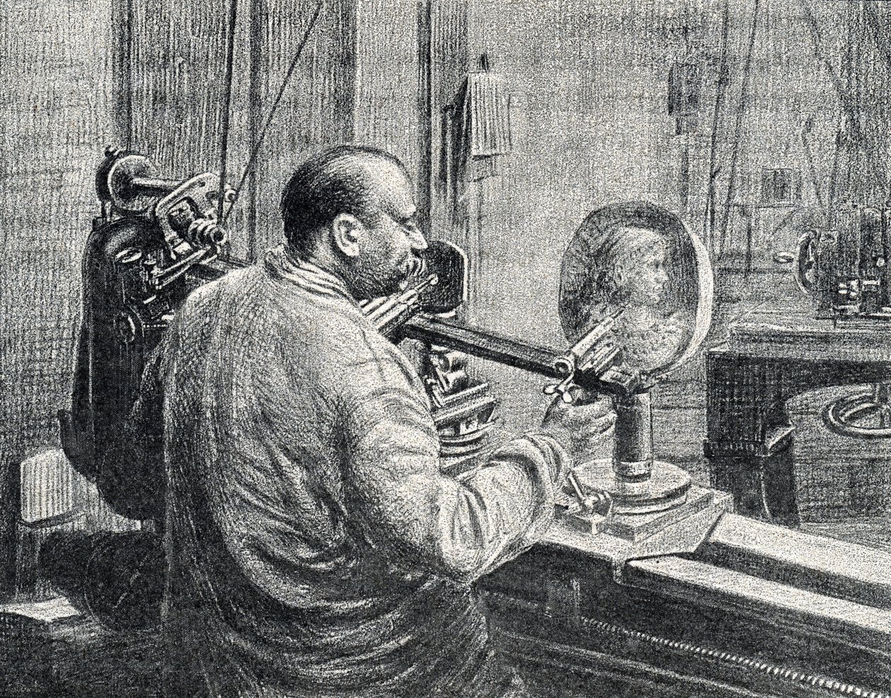 Ein Medailleur benutzt eine Art Pantograph-Fräsmaschine. Gravur aus „Excursion à travers les métiers“ von Pierre Calmette. Private Sammlung von Pierre Calmettes