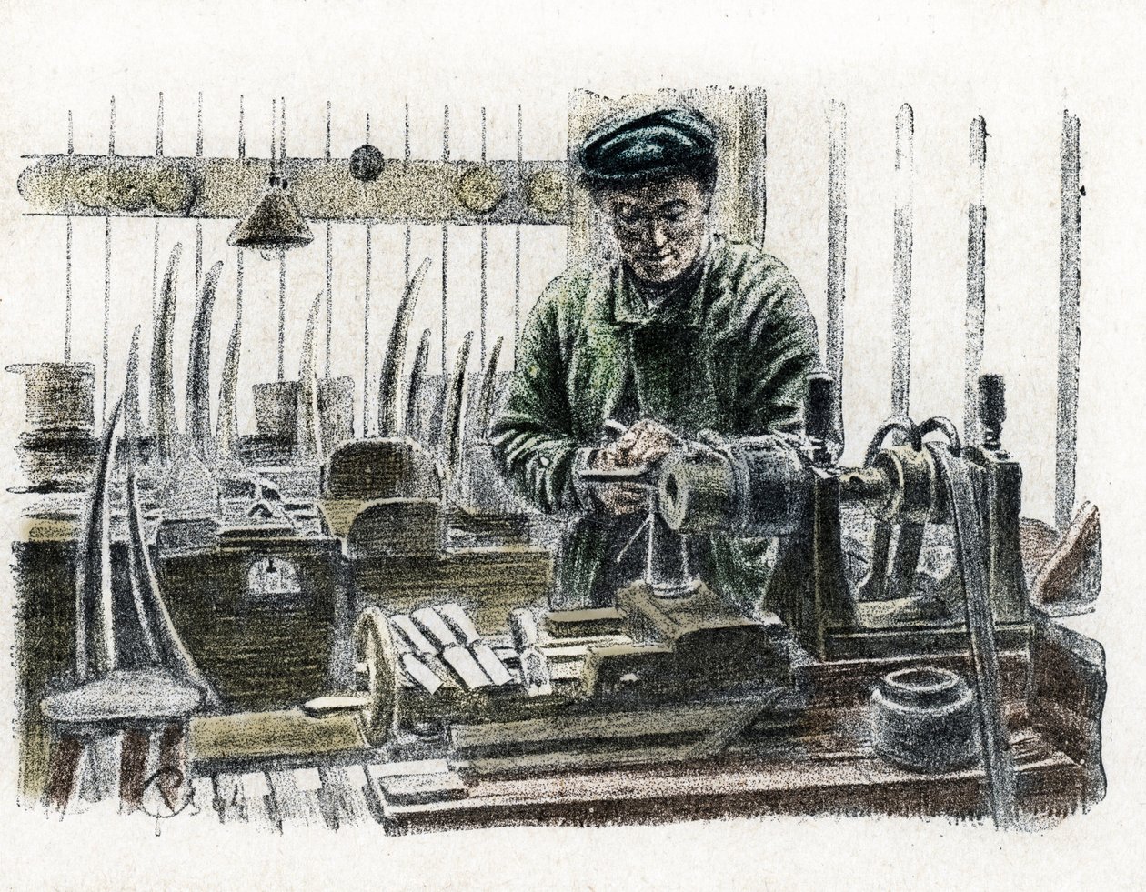 Ein Elfenbeinarbeiter schnitzt Elefantenstoßzähne in seiner Werkstatt, Gravur aus „Excursion à travers les métiers“ von Pierre Calmette, Privatsammlung von Pierre Calmettes