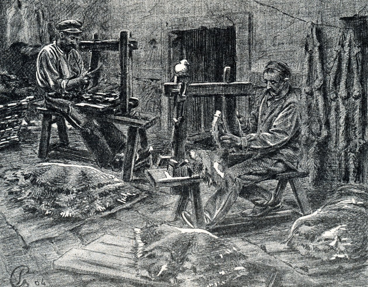 Handwerker, die Schafsfelle entfleischen, Gravur aus „Excursion à travers les métiers“ von Pierre Calmette, Privatsammlung von Pierre Calmettes