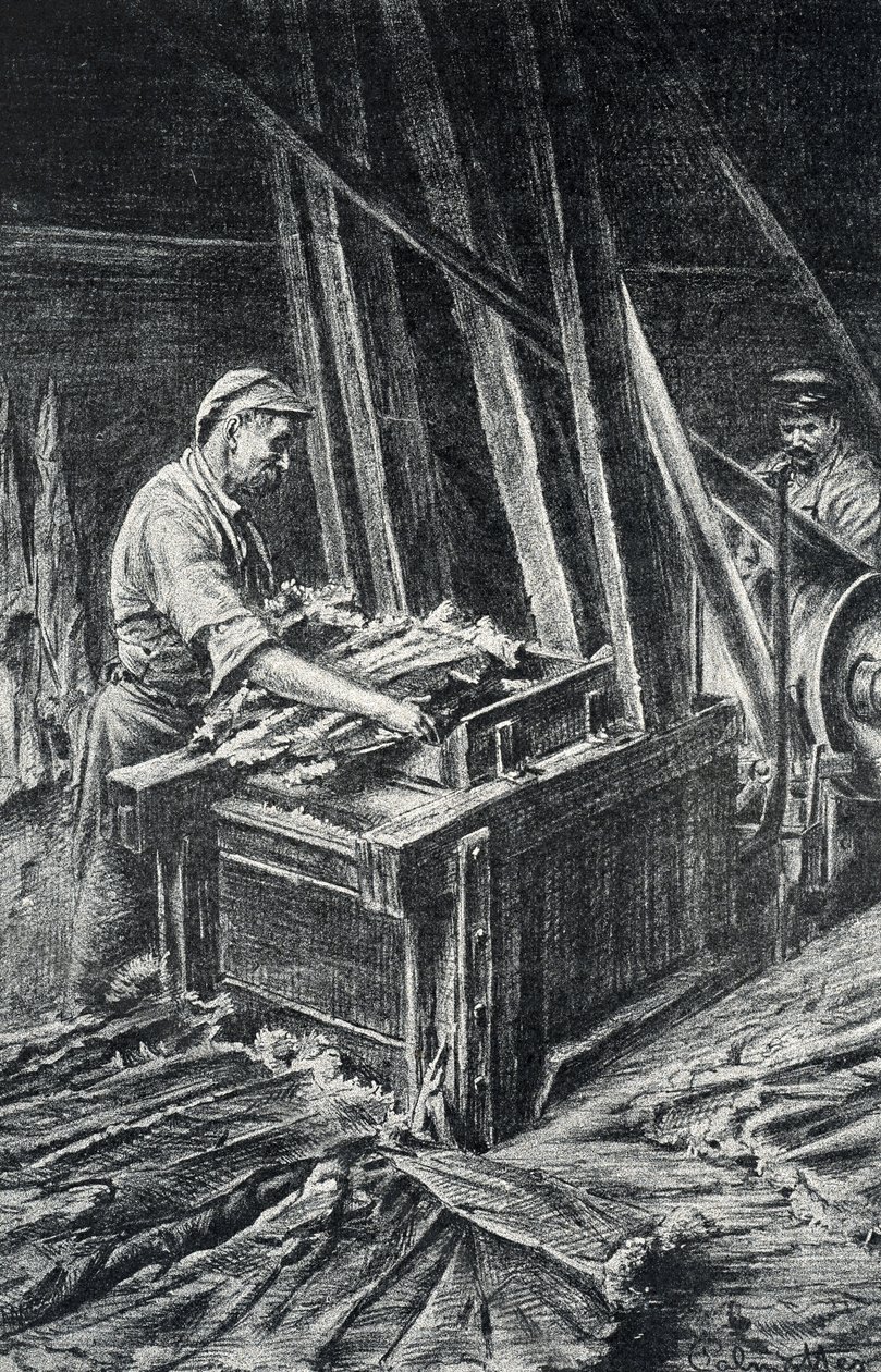 Lederverarbeitung: das Weichmachen der Tierhäute in einer Walkmühle (Gravur aus der Sammlung Pierre Calmette) von Pierre Calmettes