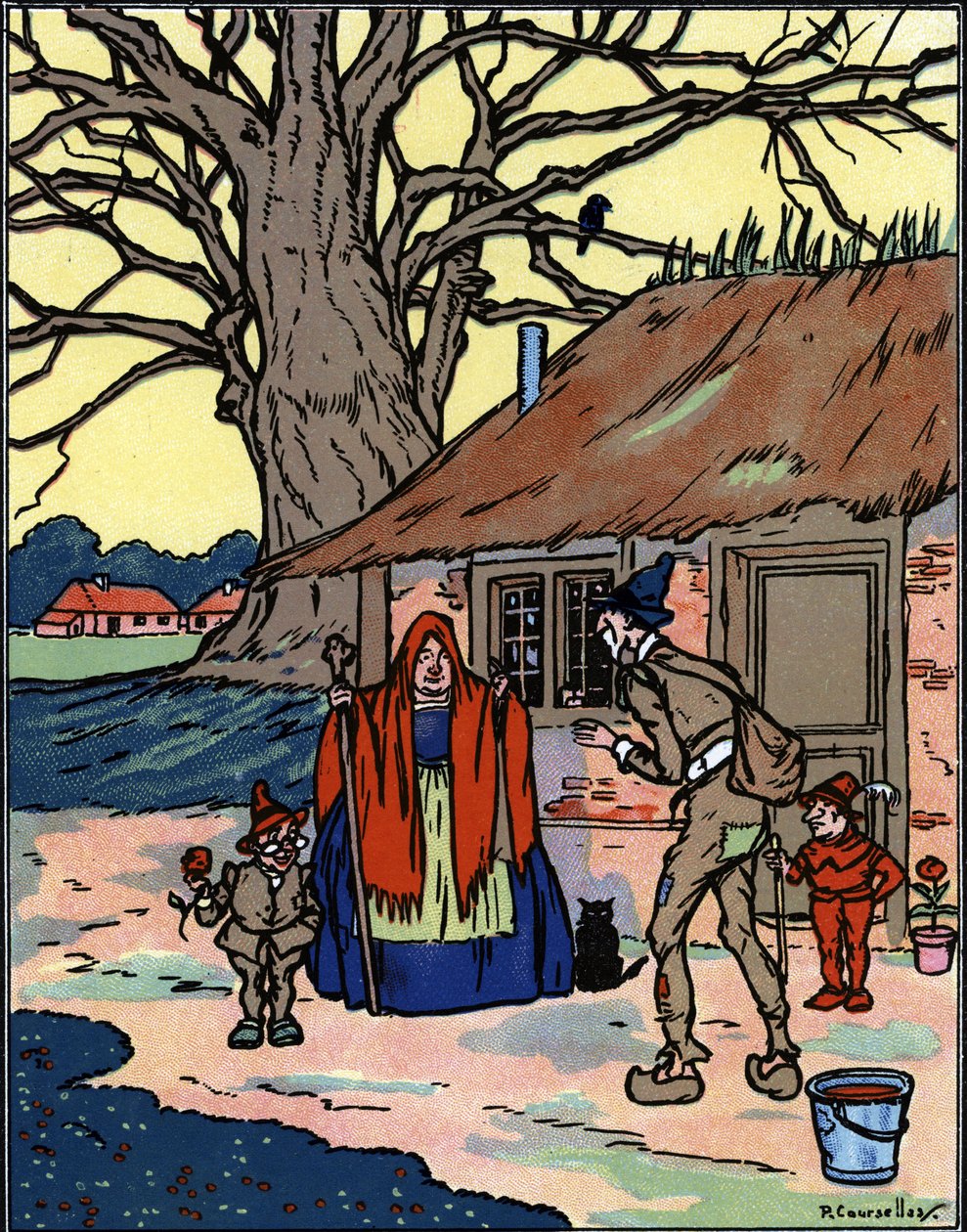 Die Flucht von Picrochole, der eine alte Hexe trifft. Illustration von Pierre Couselles aus „Gargantua“ von François Rabelais von Pierre Courselles