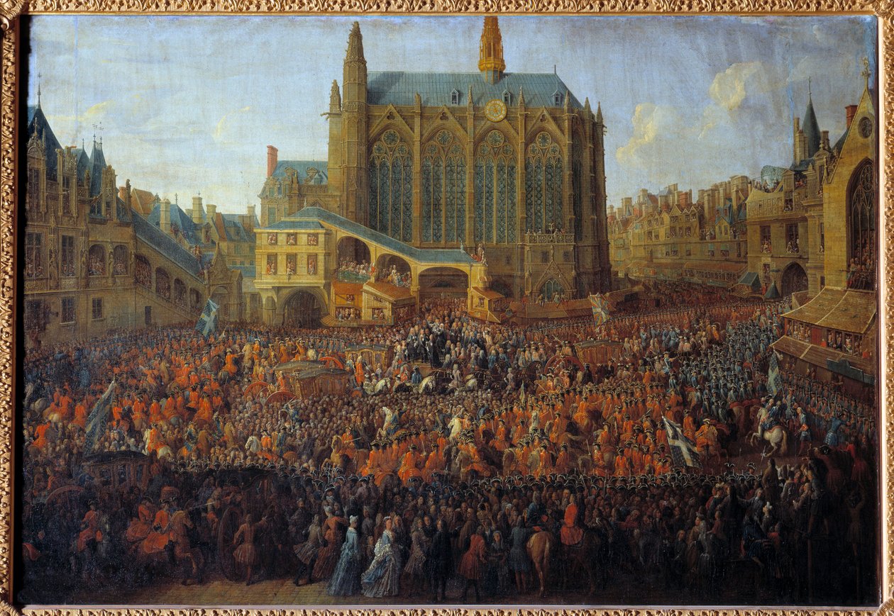 Abreise von Ludwig XV. nach dem Bett der Gerechtigkeit, das das Testament von Ludwig XIV. bricht, gehalten in der Großen Kammer des Parlaments von Paris von Pierre Denis Martin