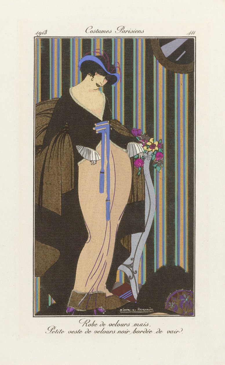 Entwurf für ein Samtkleid, aus Costumes Parisien, veröffentlicht 1913 von Pierre E. Legrain