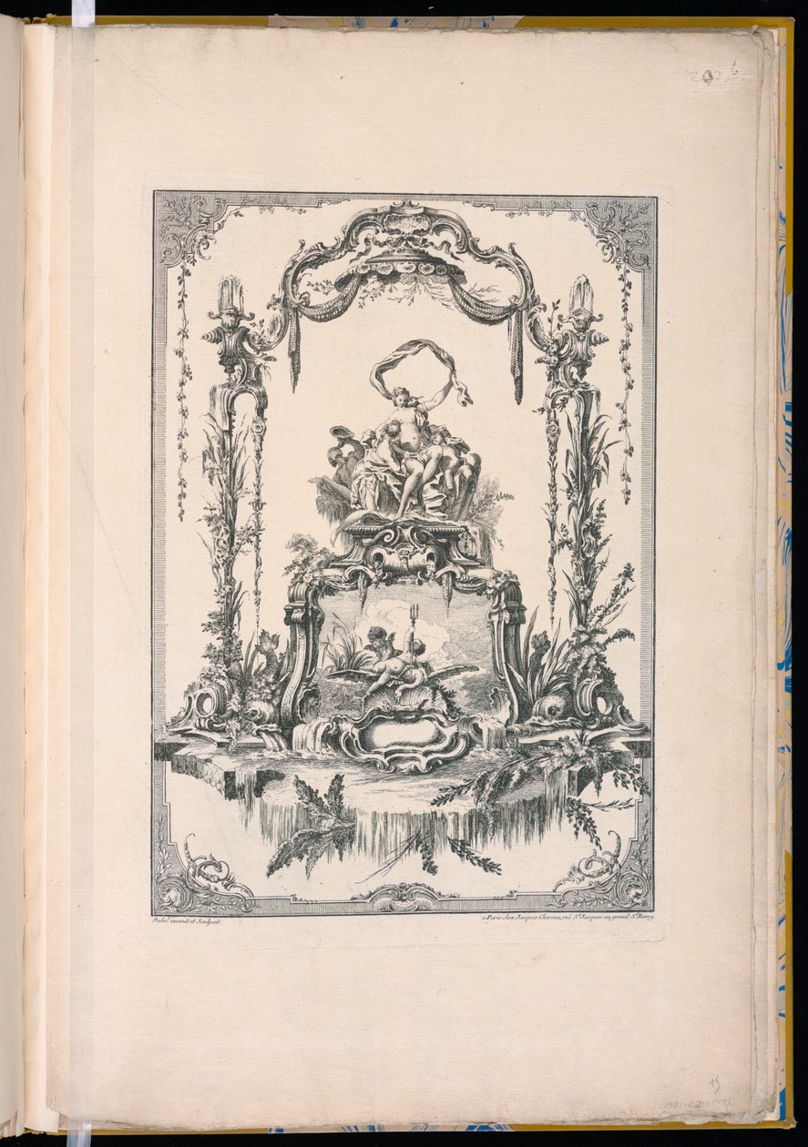 Ornamenttafel mit einem Doppel-Kartusche, die Venus oder Thetis mit ihren Nymphen und einem Brunnen zeigt von Pierre Edme Babel