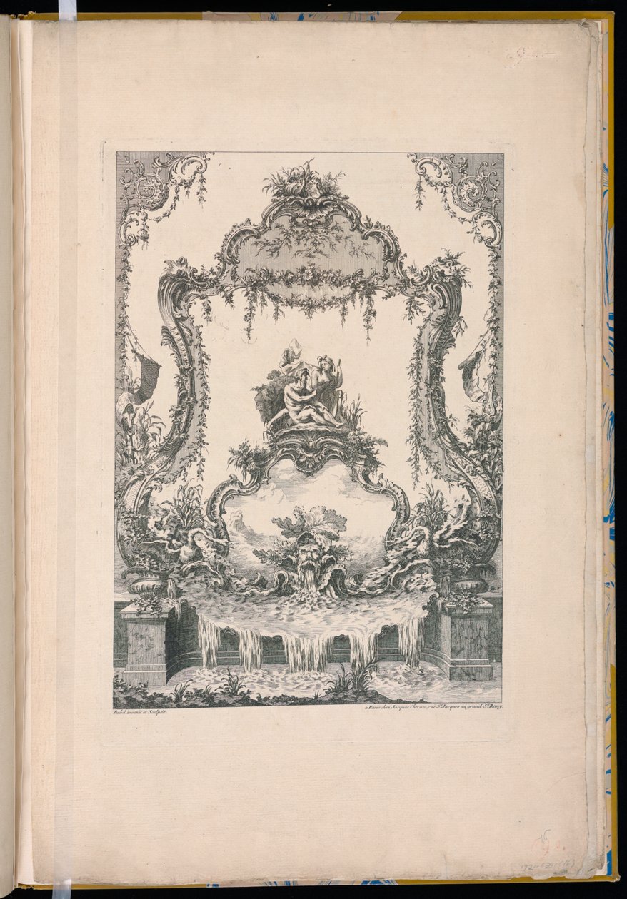 Ornamenttafel mit einem doppelten Kartusche, die einen Flussgott, eine Nymphe und einen Brunnen zeigt von Pierre Edme Babel