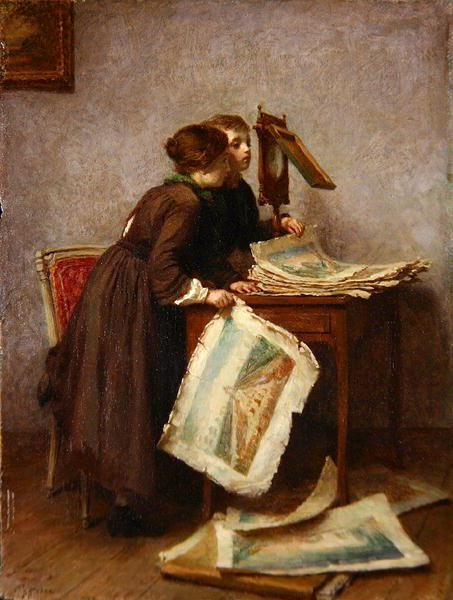 Kinder betrachten Drucke, ca. 1870 von Pierre Edouard Frere