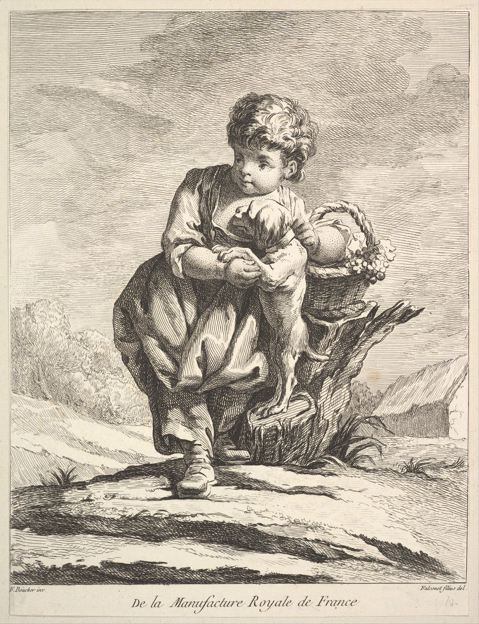 Kind mit einem Hund, hält einen Korb mit Trauben, aus Premier Livre de Figures daprès les po..., 1757 von Pierre Etienne Falconet