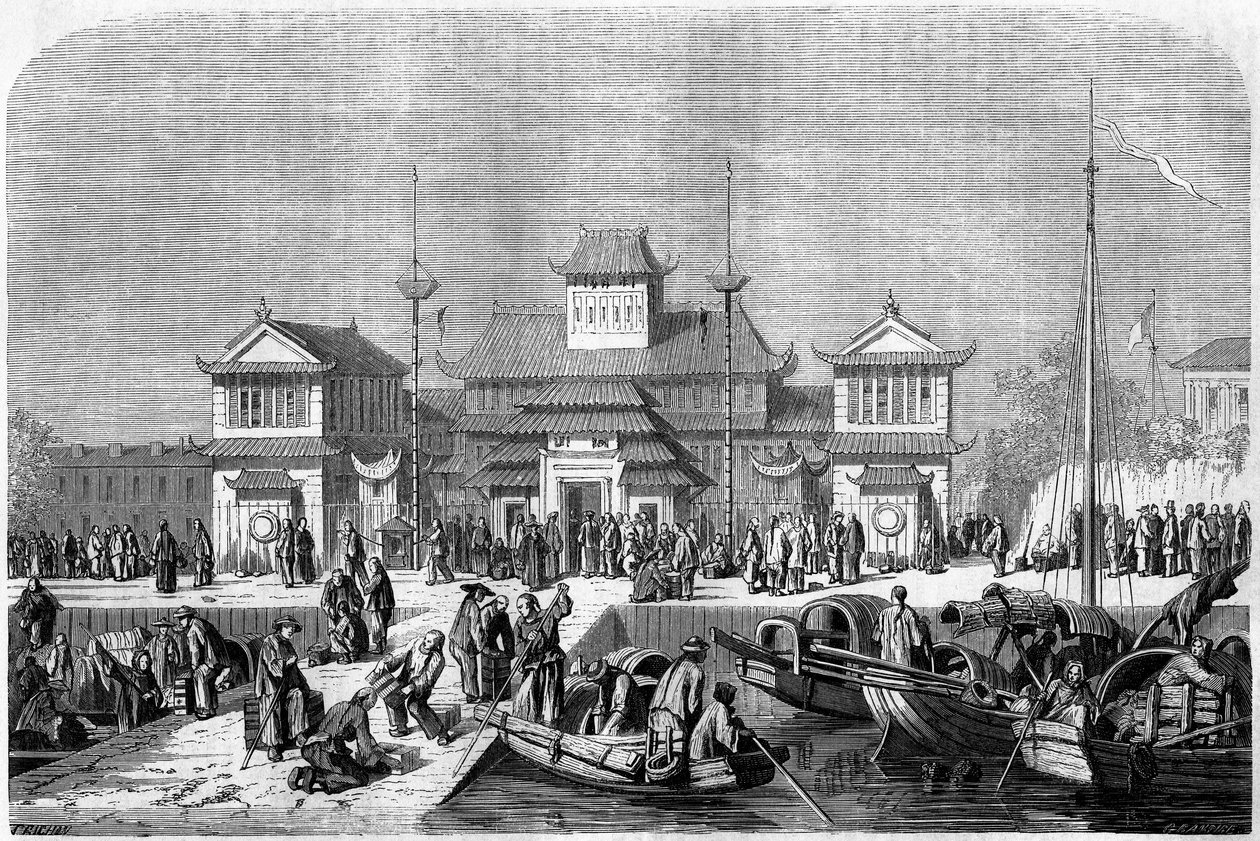Zollansicht im Hafen von Shanghai im Jahr 1860, China. Gravur von Grandsire, in „Le Tour du Monde, Nouveau journal des Voyages“, herausgegeben von Edouard Charton, Paris von Pierre Eugene Grandsire