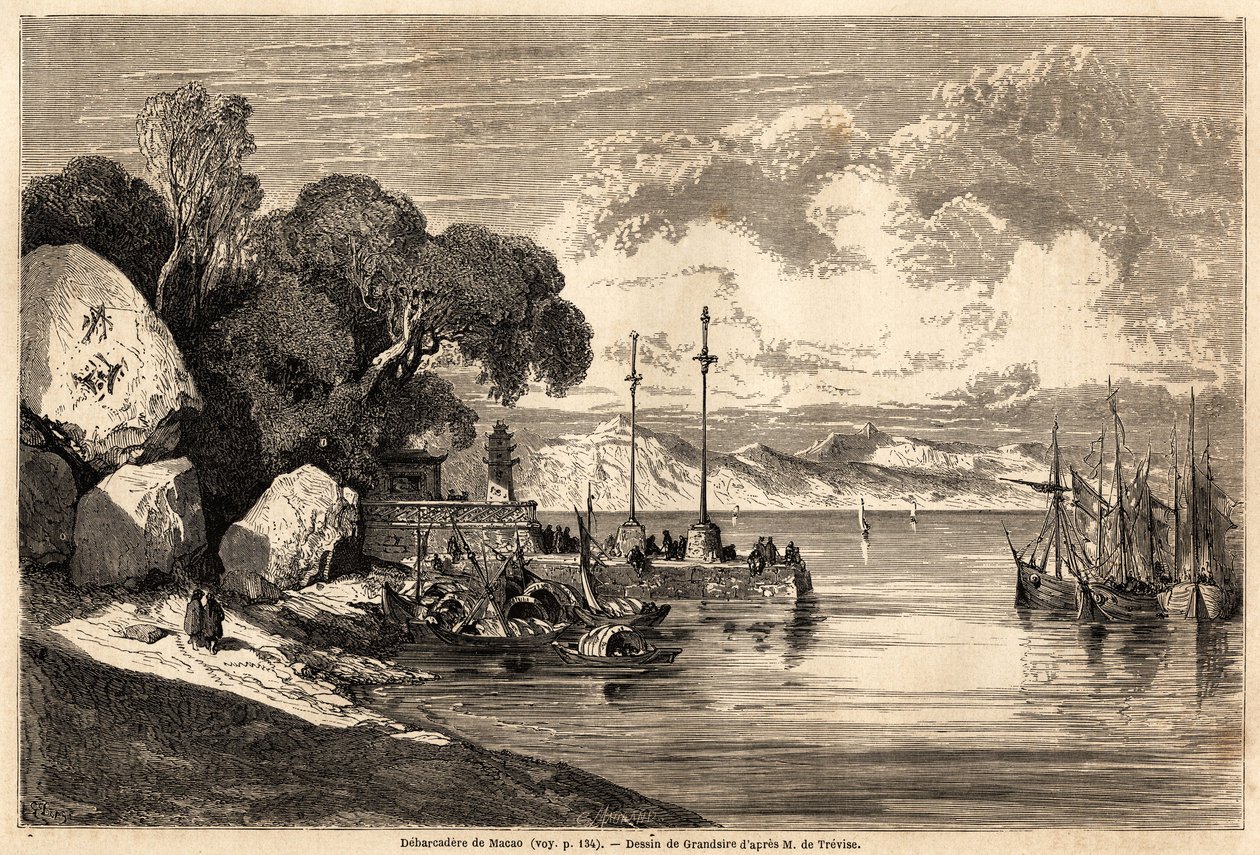 Der Barcadere von Macau, Zeichnung von Grandsire zur Illustration der Reise nach China und Japan in den Jahren 1857-1858 von M. de Moge. Gravur in „Le tour du monde, nouveau journal des voyages“ Paris von Pierre Eugene Grandsire