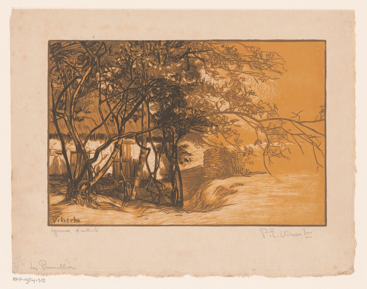 Landschaft mit Bauernhof hinter Bäumen von Pierre Eugène Vibert (signed by artist)