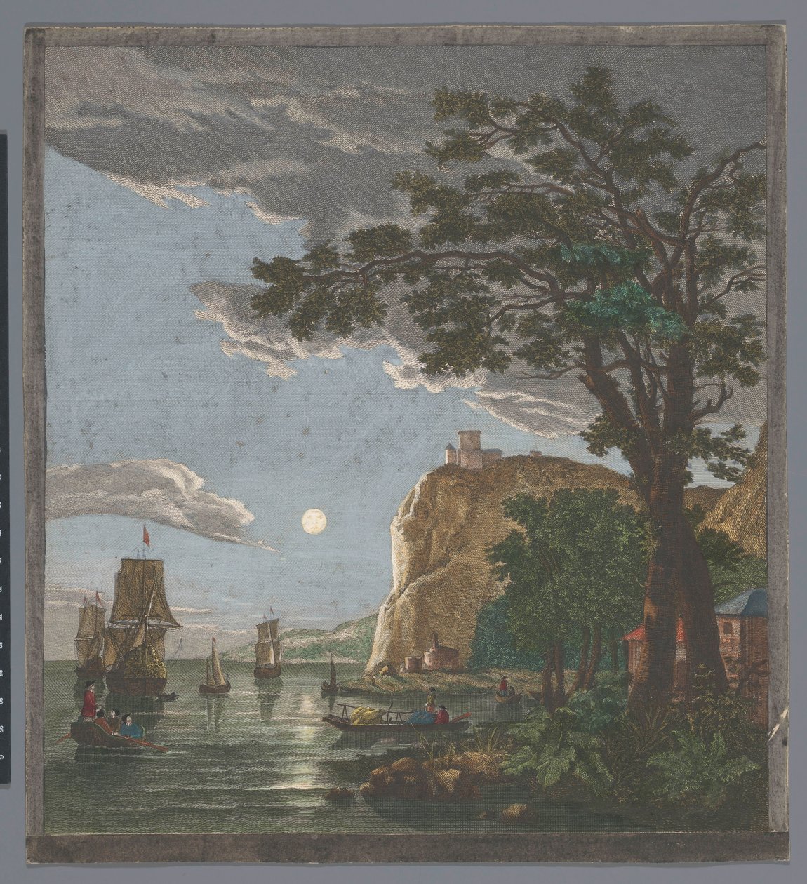 Ansicht einer Küste mit Schiffen und Booten auf dem Wasser bei Mondlicht von Pierre François Basan