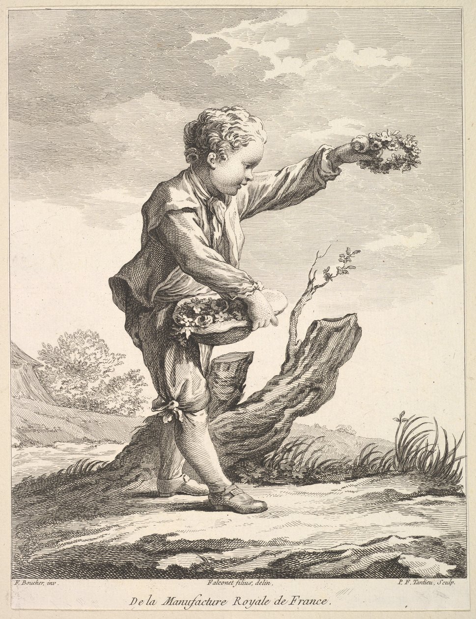 Kleiner Junge mit einem Kranz und einem Korb voller Blumen, aus Deuxième Livre de Figures d