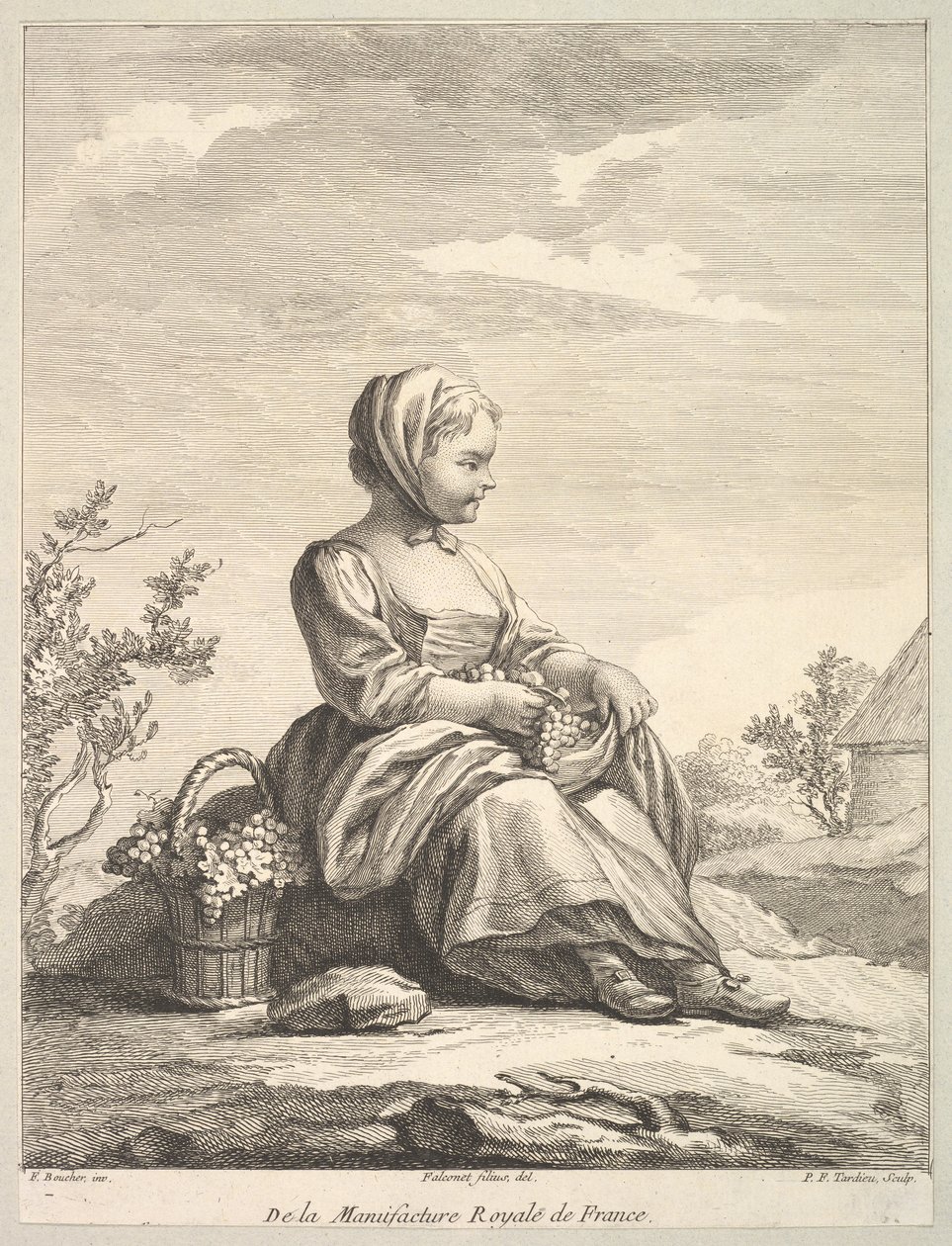Kleines Mädchen, das Trauben hält, mit einem Korb davon an ihrer Seite, aus Deuxième Livre de..., nach 1757 von Pierre François Tardieu