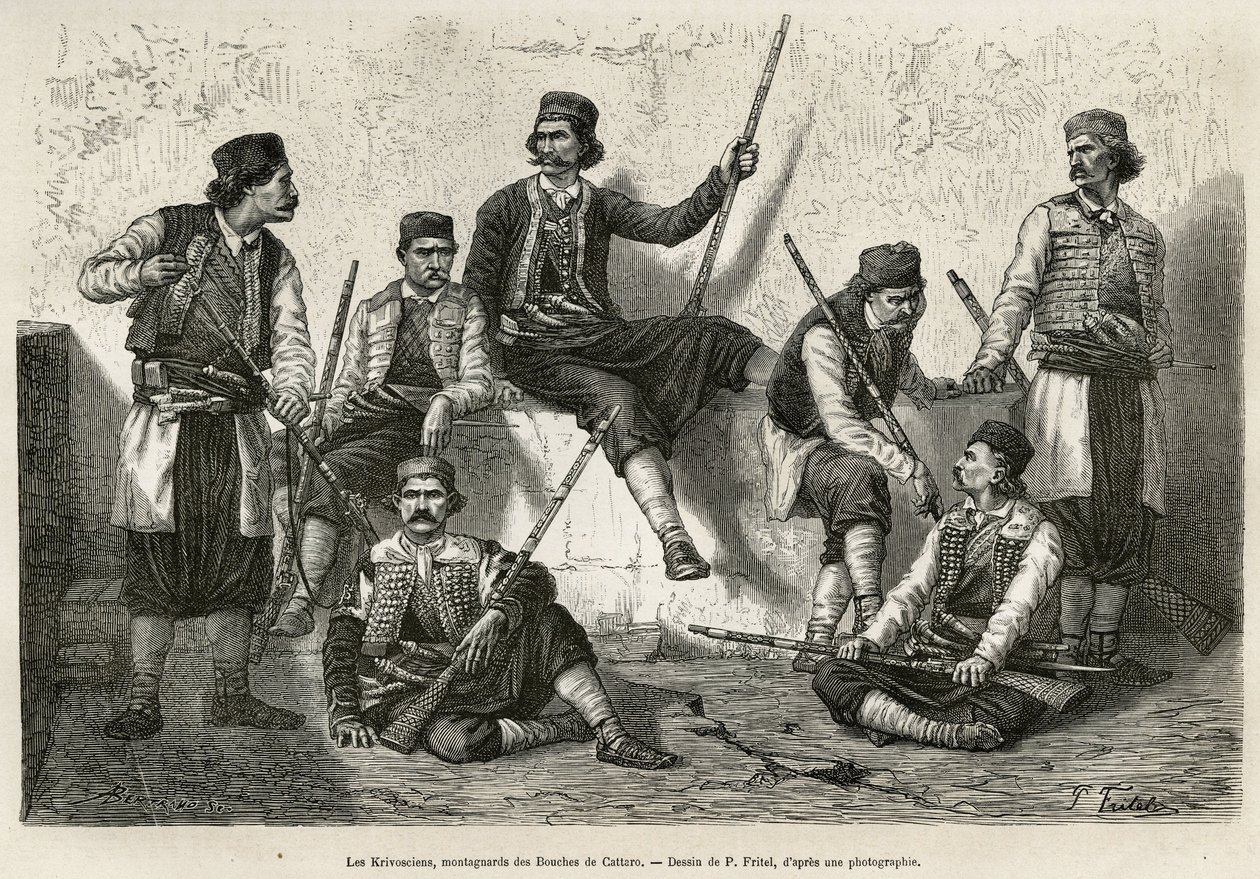 Die Krivoscianer, Bergbewohner der Bucht von Kotor (oder Kotor, Bucht an der westlichen Küste Montenegros), bewaffnet, um der Macht der österreichischen Truppen zu widerstehen. Gravur nach der Zeichnung von P. Fritel, zur Illustration der Reise nach Dalmat von Pierre Fritel