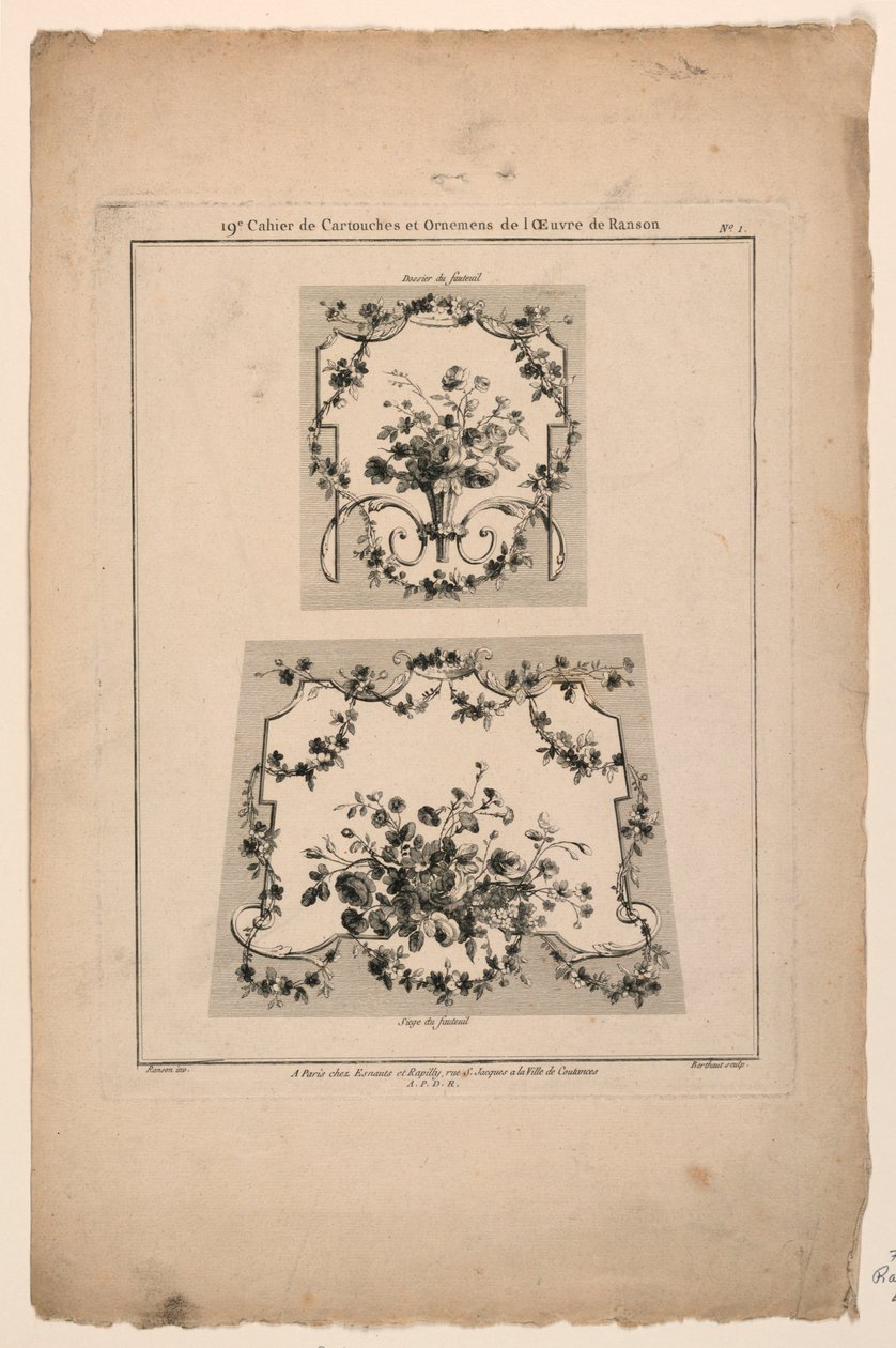 Entwürfe für Gobelin-Stuhlsitze, Tafel 1 aus "Cahier de Cartouches et Ornemens de l