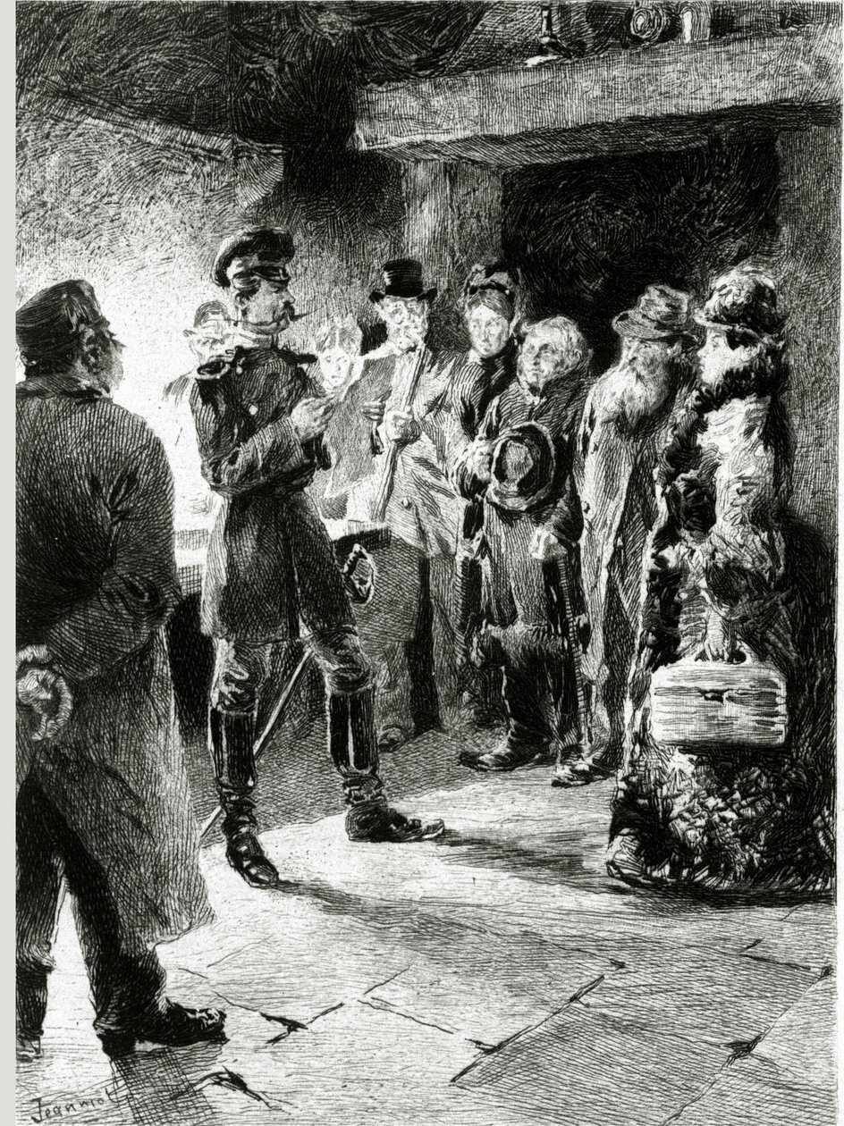 Ein deutscher Offizier fordert Boulle de suif im Austausch für die Freiheit aller verhafteten Passagiere in der Kutsche. In „Boule de suif“ von Guy de Maupassant (1850-1893). Illustration von P. G. Jeanniot (1848-1934). Veröffentlicht bei Ollendorff von Pierre Georges Jeanniot