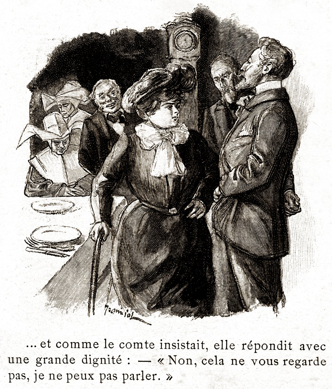 "Boule de Suif": Elisabeth Rousset weigert sich, dem Grafen zu antworten, Anfang 20. Jahrhundert (Illustration) von Pierre Georges Jeanniot