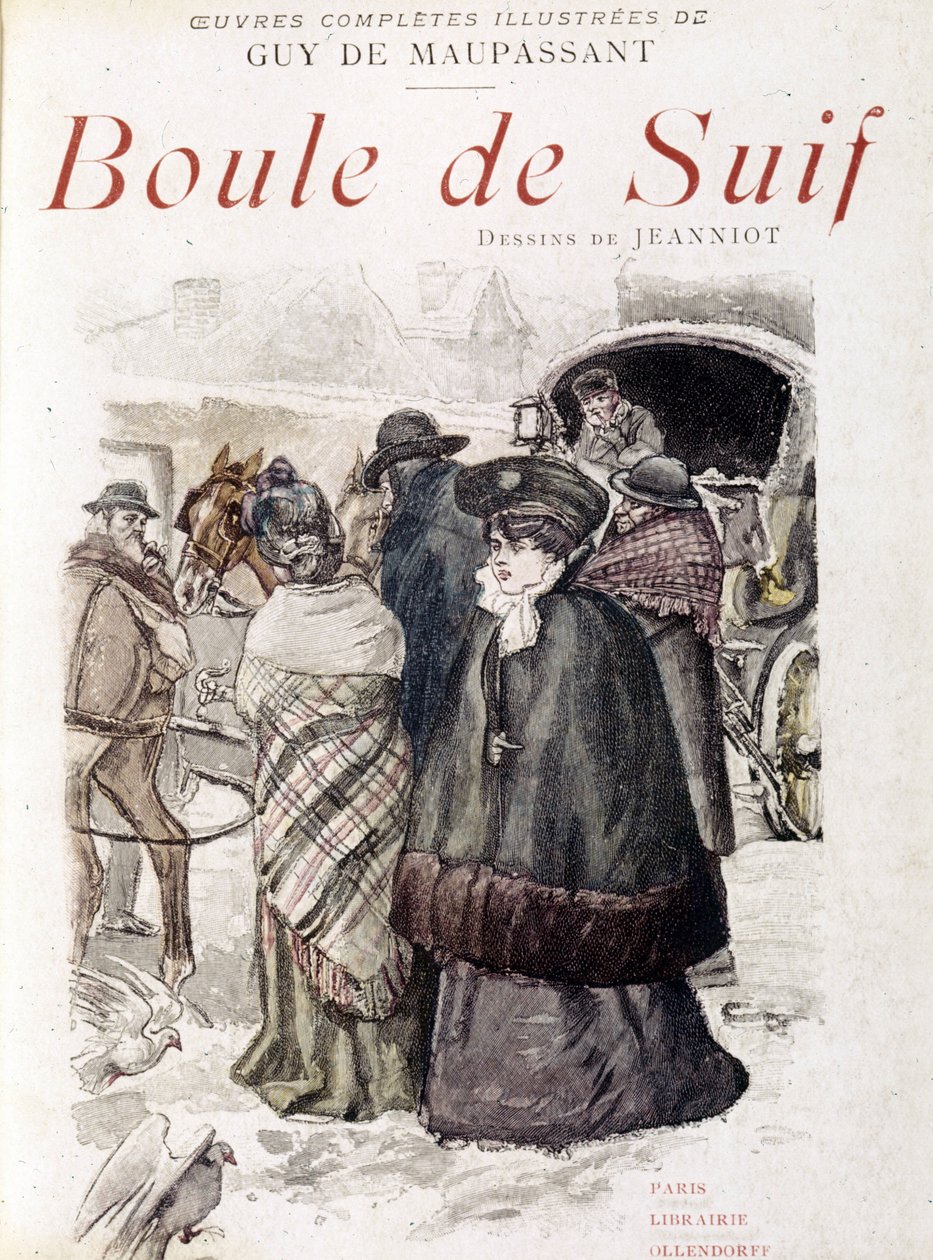 Die Reisenden der Diligence wurden von deutschen Offizieren während der Besetzung Frankreichs durch Preußen verhaftet. Im Vordergrund: die Prostituierte Boule de Suif. In „Boule de Suif“ von Guy de Maupassant (1850-1893). Illustration von P. G. Jeanniot (1 von Pierre Georges Jeanniot