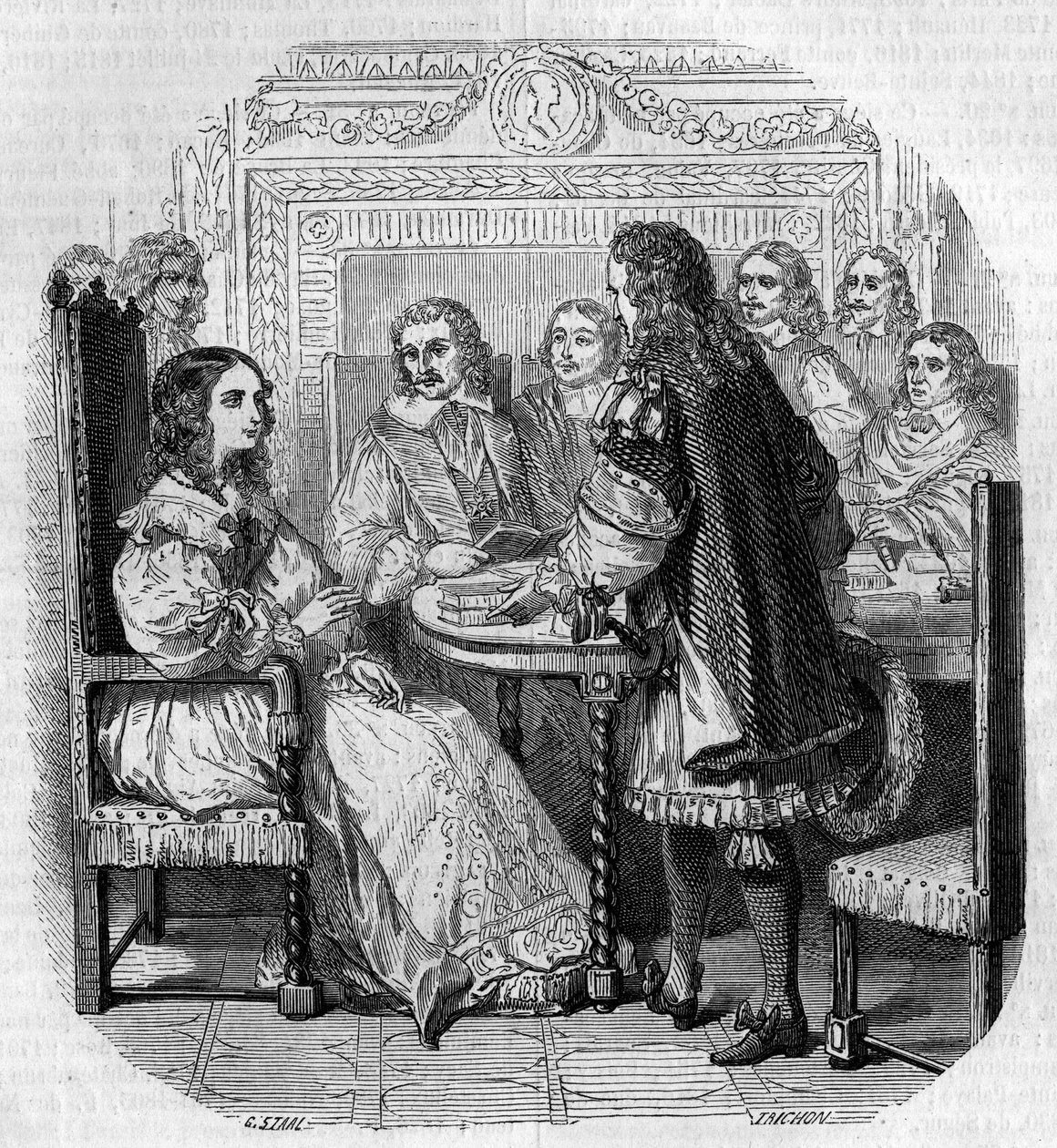 Besuch von Königin Christine von Schweden (1626-1689) bei der Académie Française in Paris in Anwesenheit von Kardinal Richelieu. Gravur von G. Staal von Pierre Gustave Eugene Staal