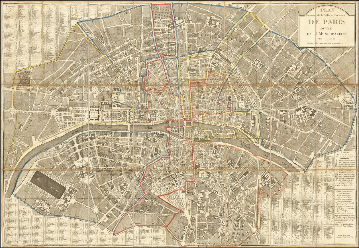 1802 Karte - Plan Routier de la Ville et Faubourg de Paris Divise en 12 Municipalities von Pierre Jean