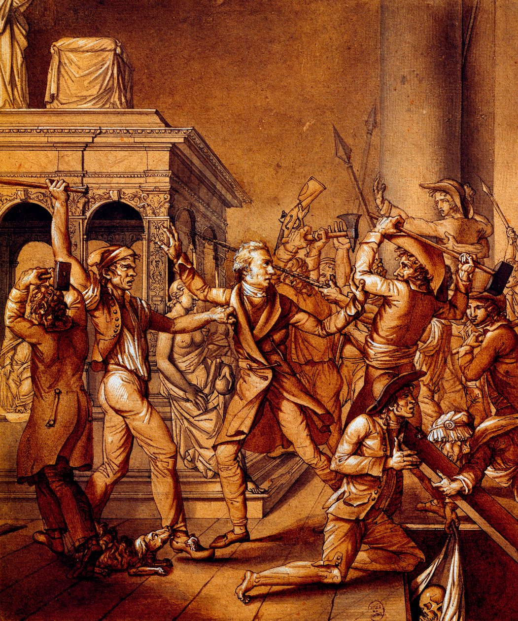 Alexandre Lenoir widersetzt sich den Revolutionären, als sie das Grab des französischen Königs Ludwig XII. in der königlichen Basilika Saint Denis 1793 zerstören wollen, zur Zeit der Französischen Revolution von Pierre Joseph Lafontaine