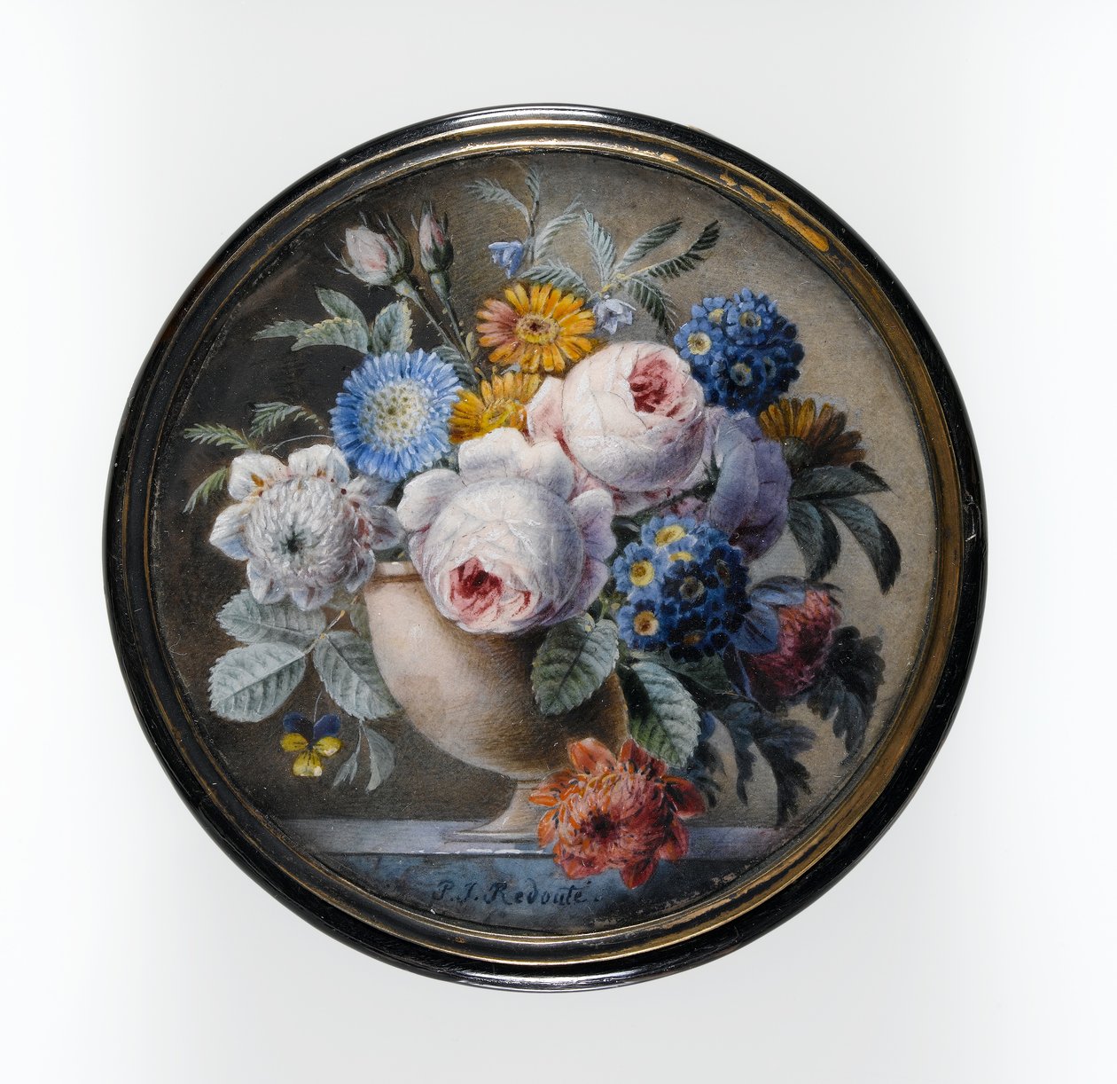 Schildpatt-Box mit einer Miniatur von Blumen in einer Steinvase auf einer Marmortafel, 1827 von Pierre Joseph Redouté