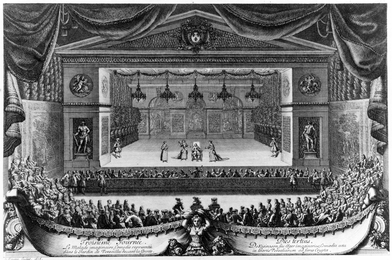 Dritter Tag: Der eingebildete Kranke (von Molière), Komödie, dargestellt im Garten von Versailles vor der Grotte im Jahr 1676, Gravur von Pierre Lepautre (1660-1744) von Pierre Lepautre