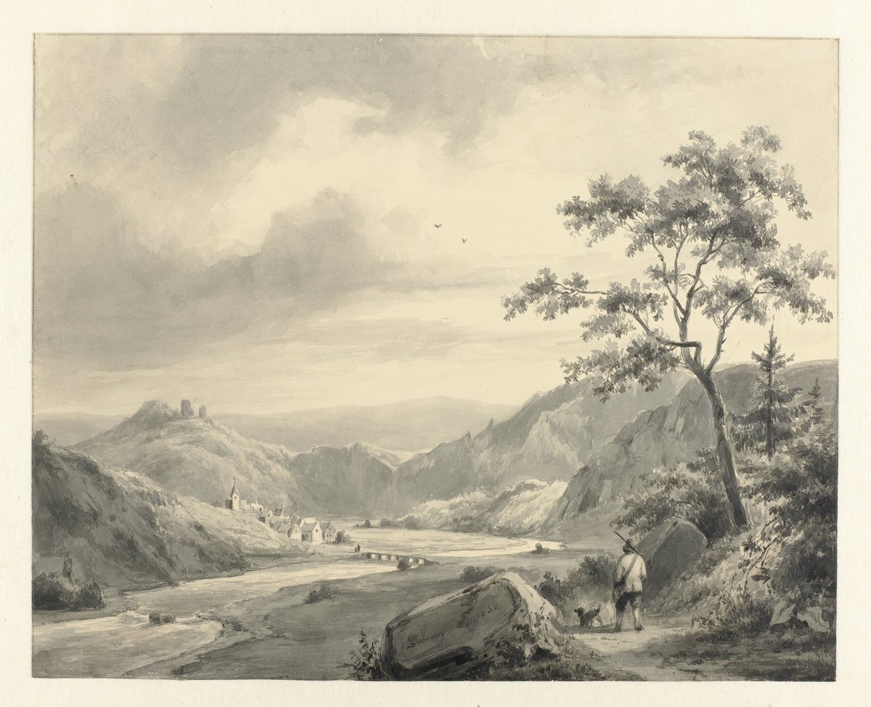 Hügellandschaft mit Jäger und Hund auf dem Weg von Pierre Louis Dubourcq