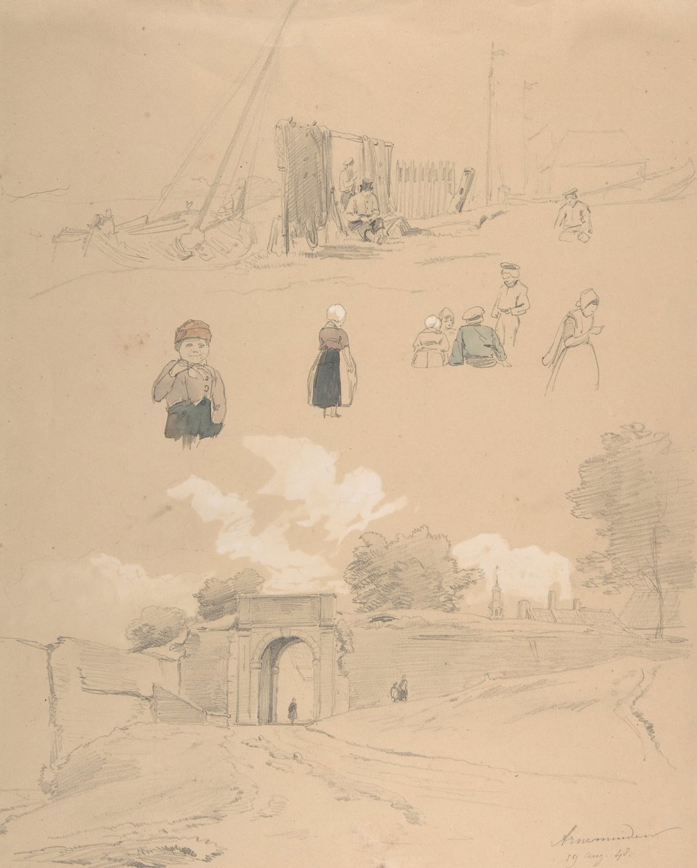 Studienblatt mit Figuren und Landschaften bei Arnemuiden in der Nähe von Middelburg..., Mitte des 19. Jahrhunderts von Pierre Louis Dubourcq