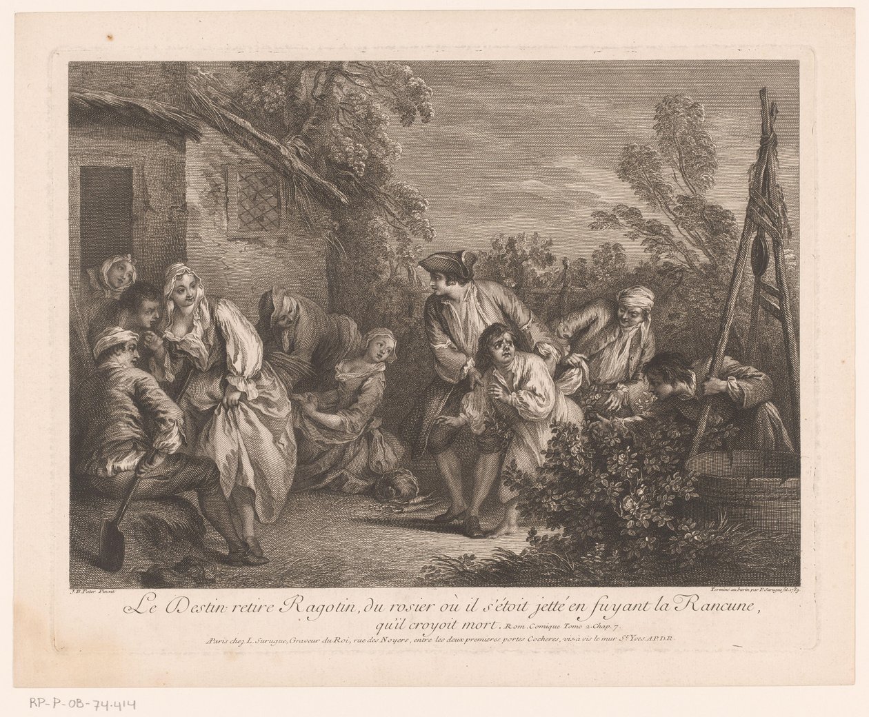 Ragotin flieht in einen Rosenstrauch (Szenen aus dem Roman Comique von Scarron) von Pierre Louis Surugue
