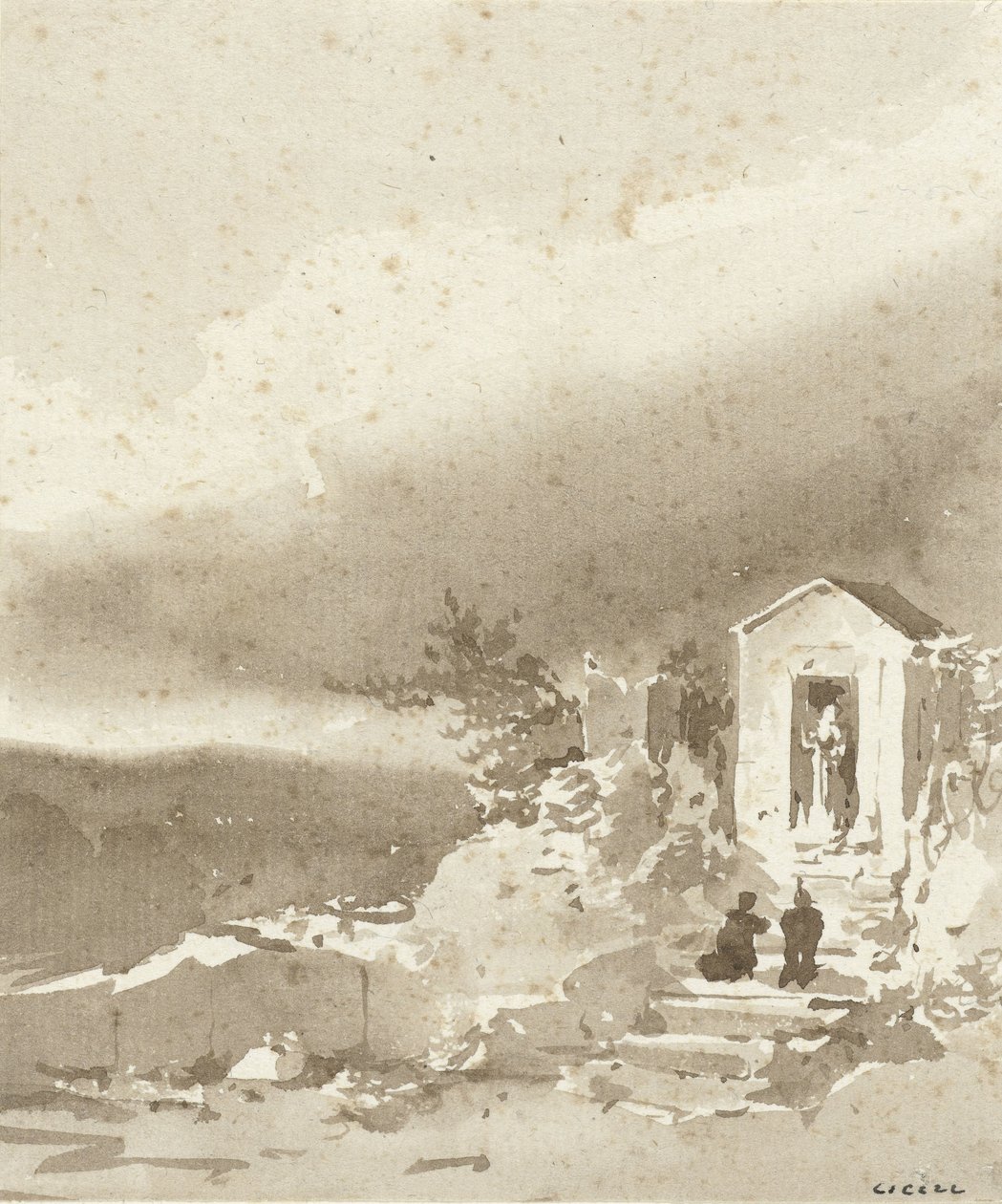 Zwei kniende Personen auf der Treppe vor einer Kapelle in den Bergen von Pierre Luc Charles Ciceri
