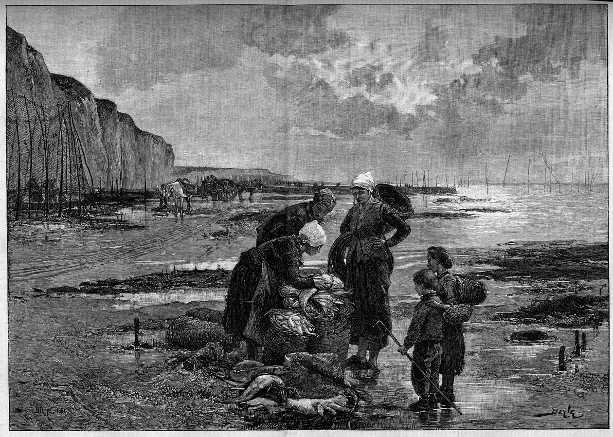 Die Fischerei von Dieppe, Ebbe. Gravur nach dem Gemälde von Pierre Beyle (1838-1902) in „The Illustrous World“ Nr. 1327 vom 2. September. von Pierre Marie (after) Beyle