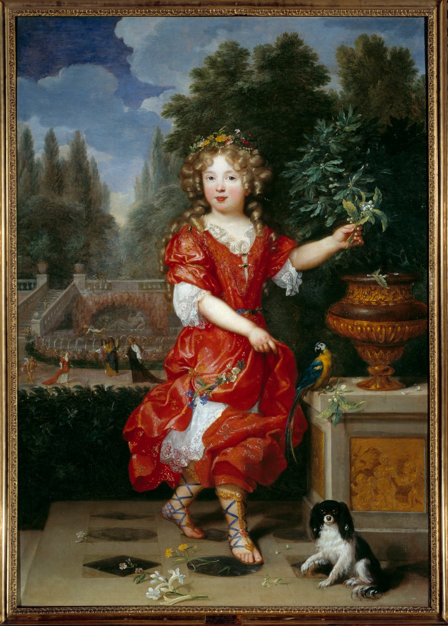 Ganzkörperporträt von Mademoiselle de Blois (1666-1739) Marie Anne de Bourbon, Tochter von Ludwig XIV. und Mademoiselle de la Valliere, zukünftige Prinzessin von Conti Gemälde von Pierre Mignard (1612-1695) 17. Jahrhundert von Pierre Mignard
