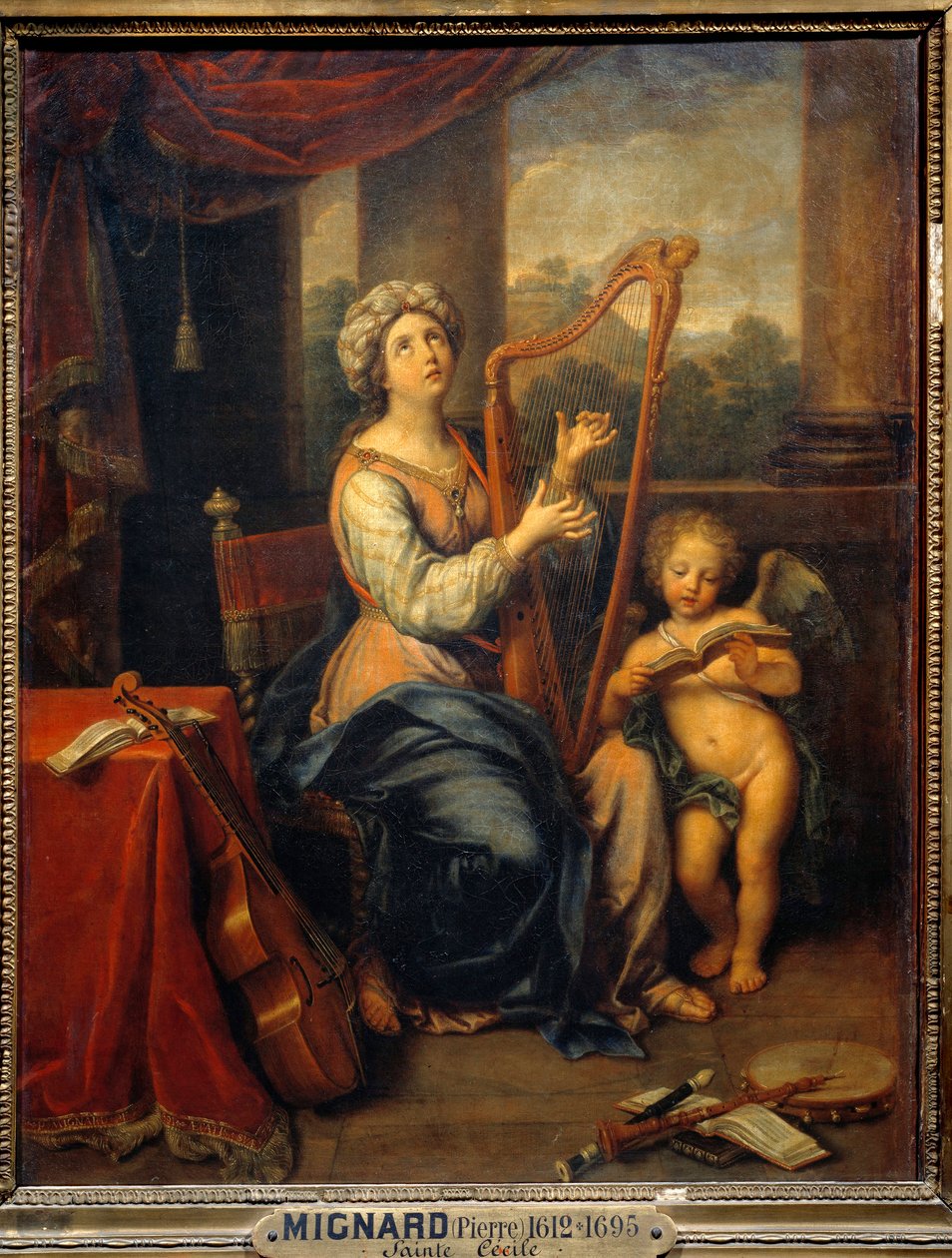 Die heilige Cäcilia singt das Lob des Herrn. Die Heilige spielt Harfe und ist von Instrumenten umgeben. Gemälde von Pierre Mignard (1612-1695) 1691 von Pierre Mignard