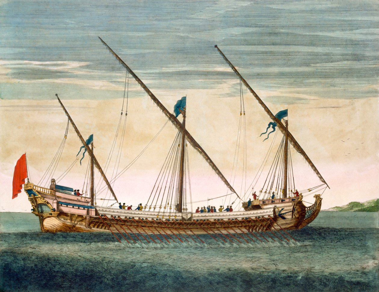 Eine dreimastige Galeasse unter Ruder, aus Le Neptune Francois, ca. 1693-1700 von Pierre Mortier