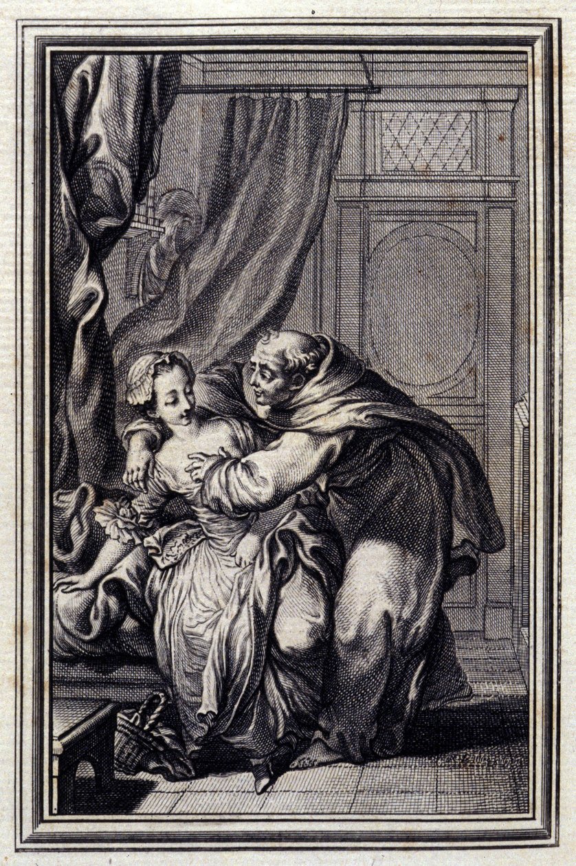 Wie der Geist zu den Mädchen kommt. In „Erzählungen und neue Verse“ von Jean La Fontaine. 1776. Illustration von P.P. Choffard. von Pierre Philippe Choffard