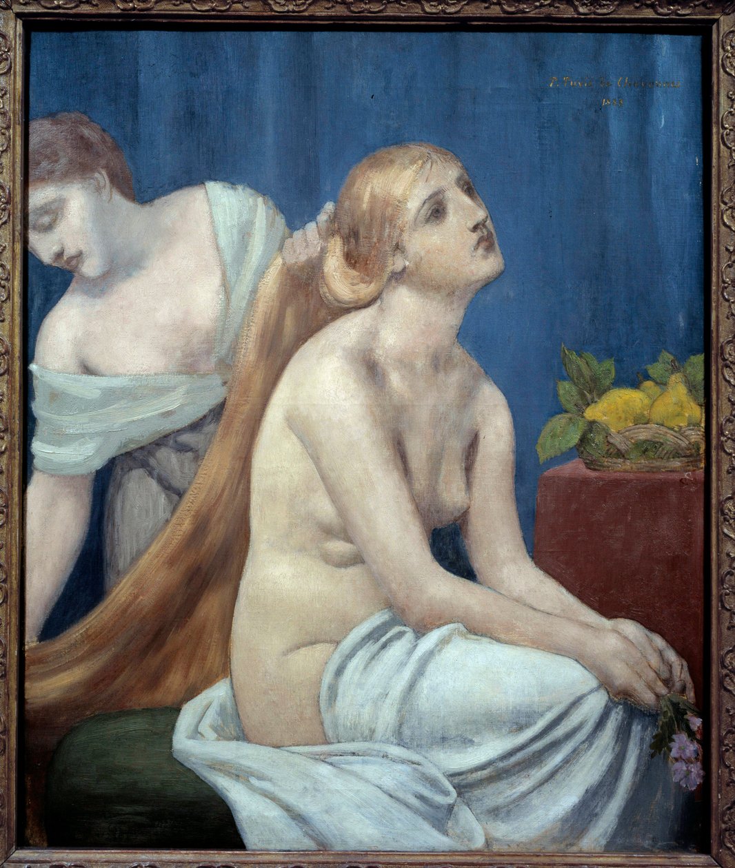 Frau bei ihrer Toilette. Eine nackte Frau mit langen, blonden Haaren wird von einer Zofe frisiert von Pierre Puvis de Chavannes