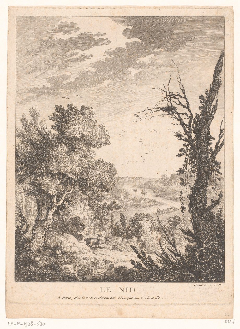 Landschaft mit Hirschen, Kaninchen und Vögeln und einem Fluss im Hintergrund von Pierre Quentin Chedel