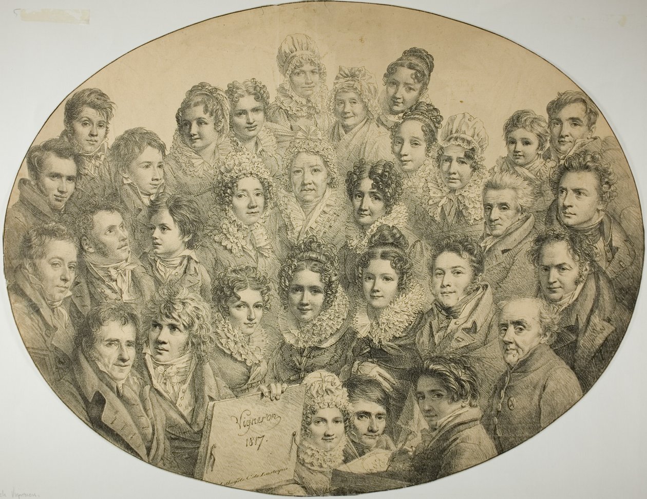 Porträts von 31 Personen in einem Oval von Pierre Roch Vigneron