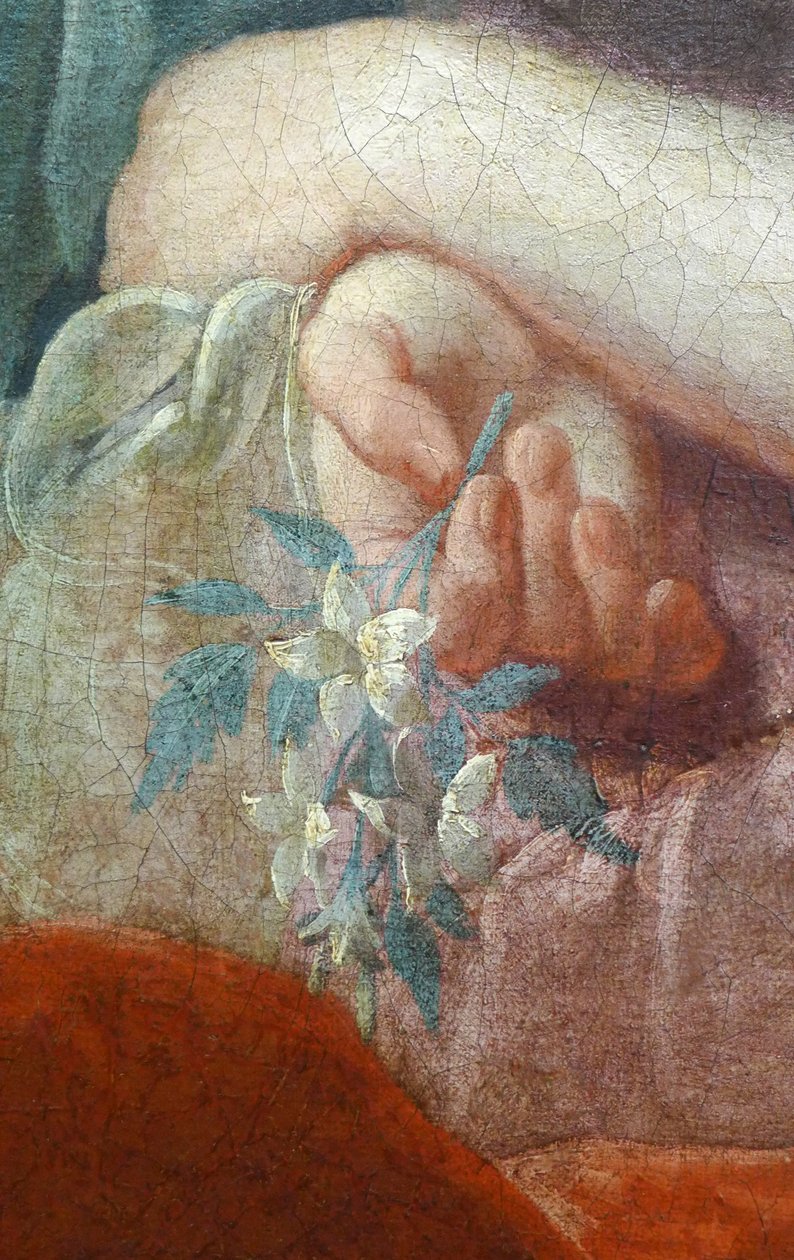 Hand einer jungen Frau, die einen blühenden Zweig hält. Detail des Porträts von Madame Poulhariex und ihrer Tochter, um 1728 von Pierre Subleyras