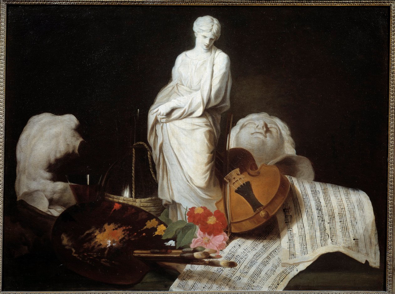 Die Attribute der Künste: Palette des Malers, Geige, Partituren, Skulptur von Pierre Subleyras