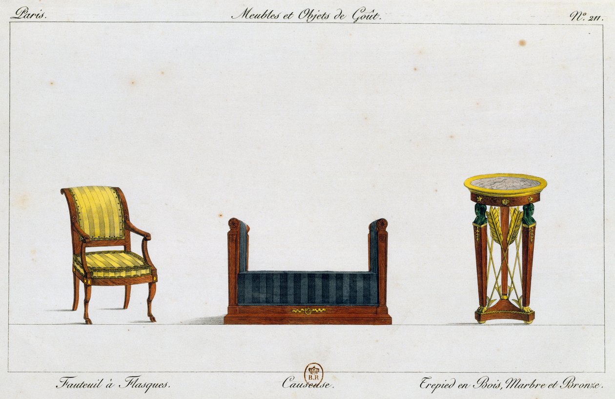 Armlehnsessel, Loveseat und Dreibeintisch, Tafel 211, Illustration aus Collection de meubles et objects de gout von Pierre de La Mesangere