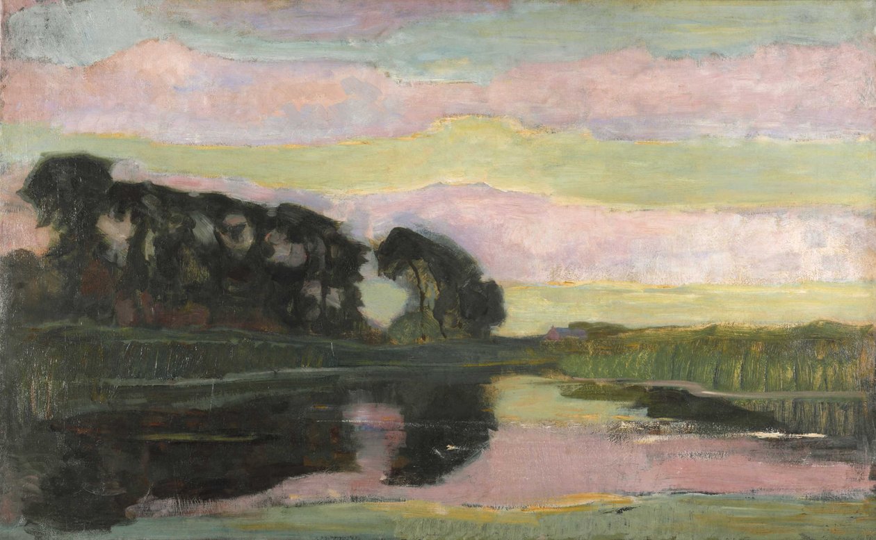 Flusslandschaft mit rosa und gelbgrünem Himmel, ca. 1907-1908 von Piet Mondrian