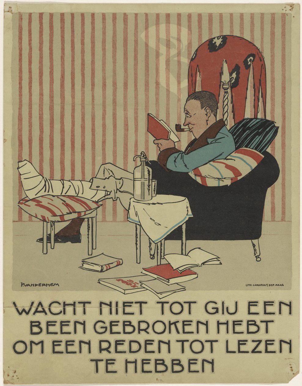 Lesender Mann mit gebrochenem Bein in einem Lehnstuhl von Piet van der Hem