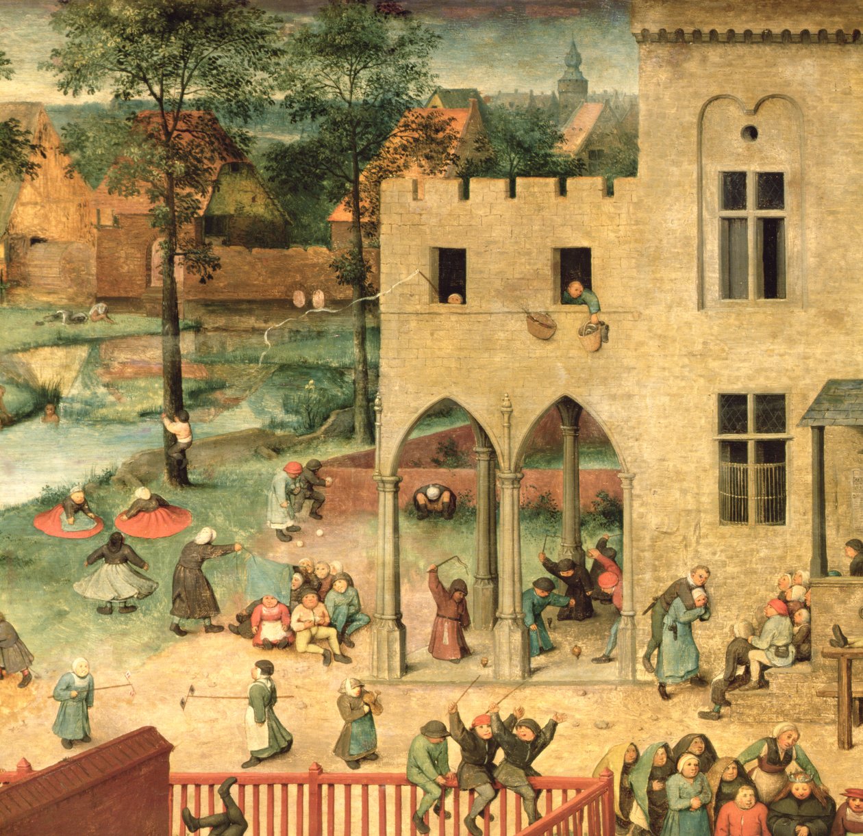 Kinderspiele: Detail der oberen linken Ecke, das Kinder beim Kreisel- und Kegelspiel zeigt, 1560 (Detail) von Pieter Bruegel the Elder