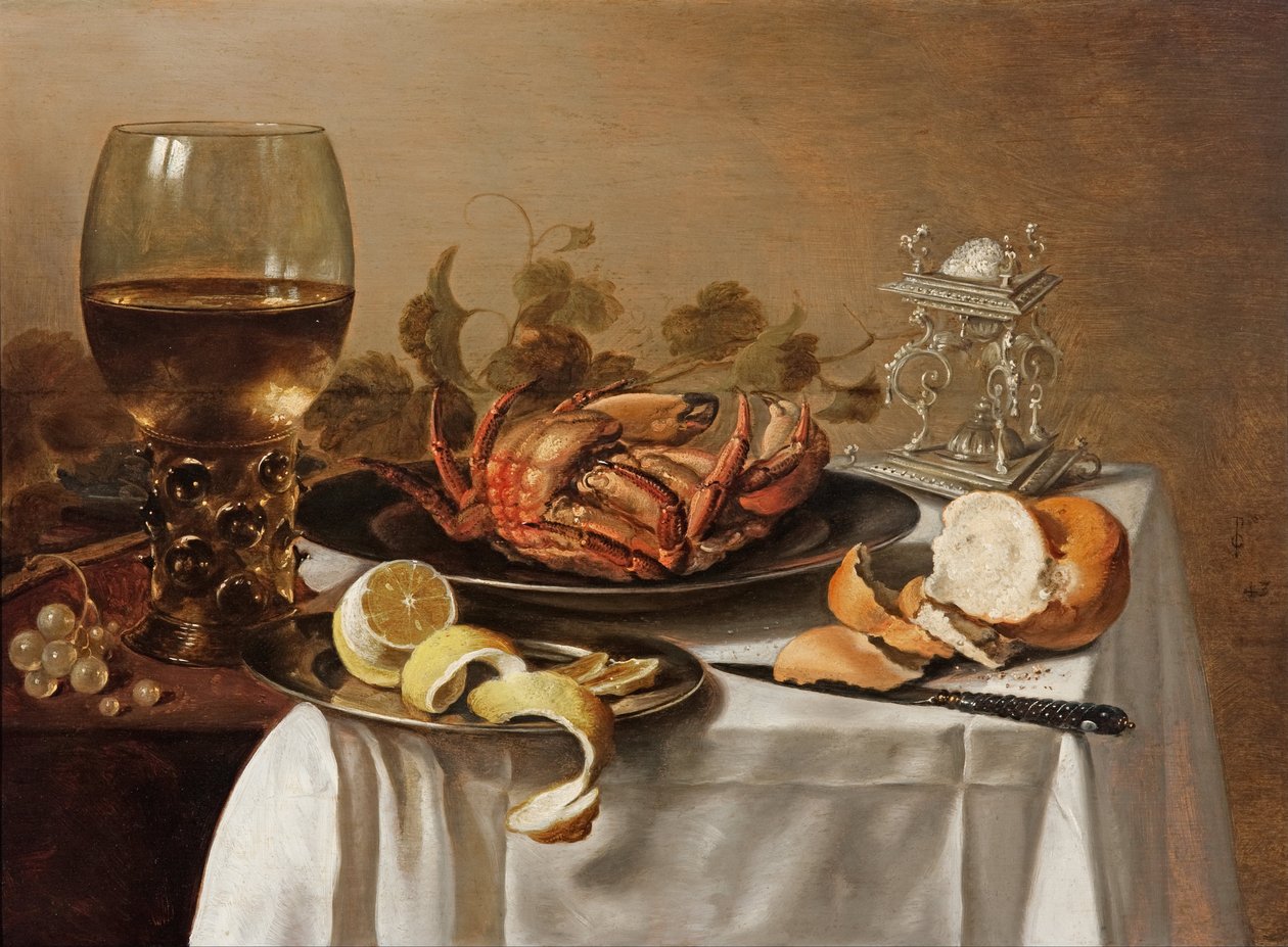 Stillleben mit einem Römer, einer Krabbe und einer geschälten Zitrone von Pieter Claesz
