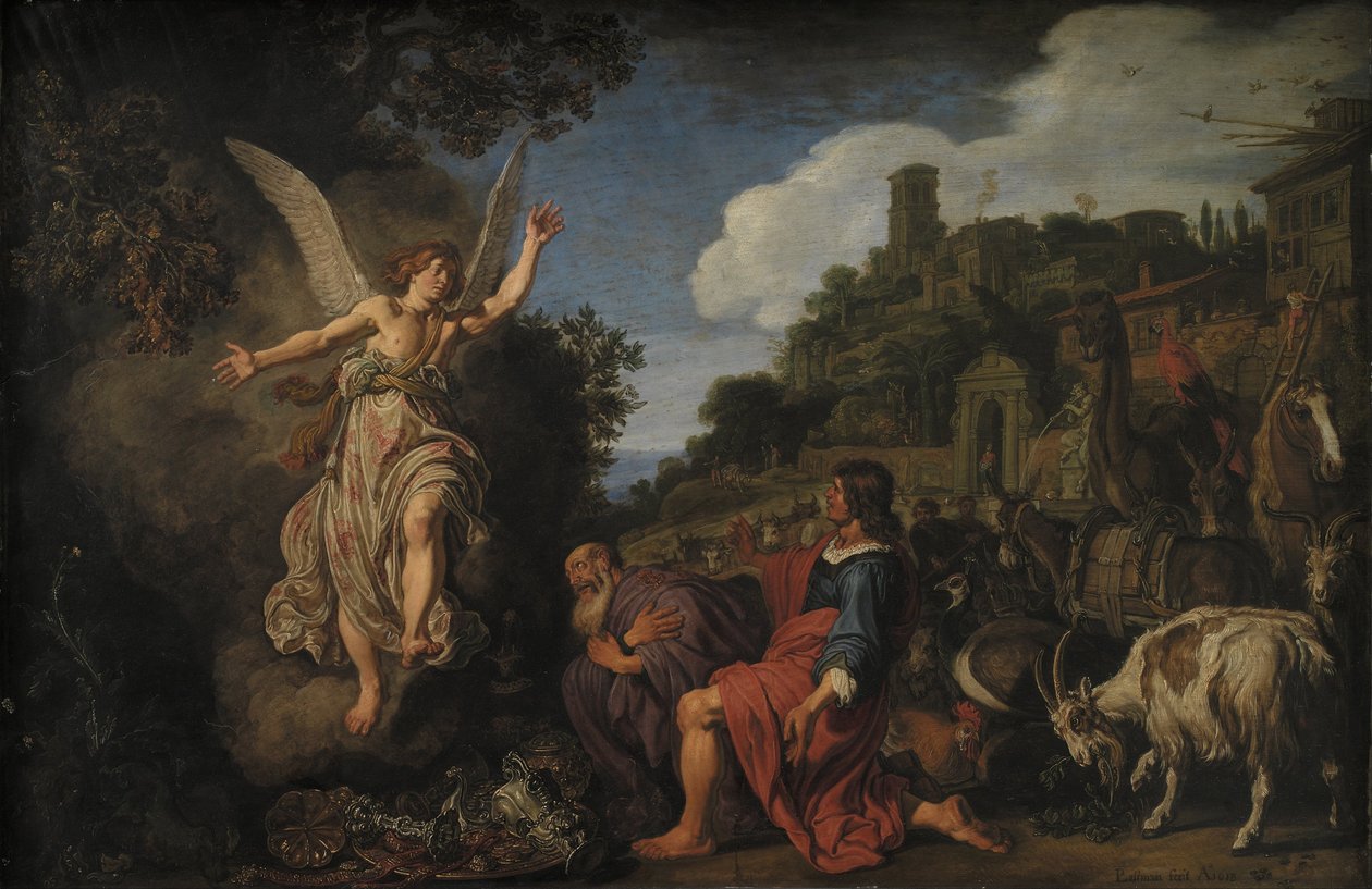 Der Engel Raphael verabschiedet sich von dem alten Tobit und seinem Sohn Tobias von Pieter Lastman